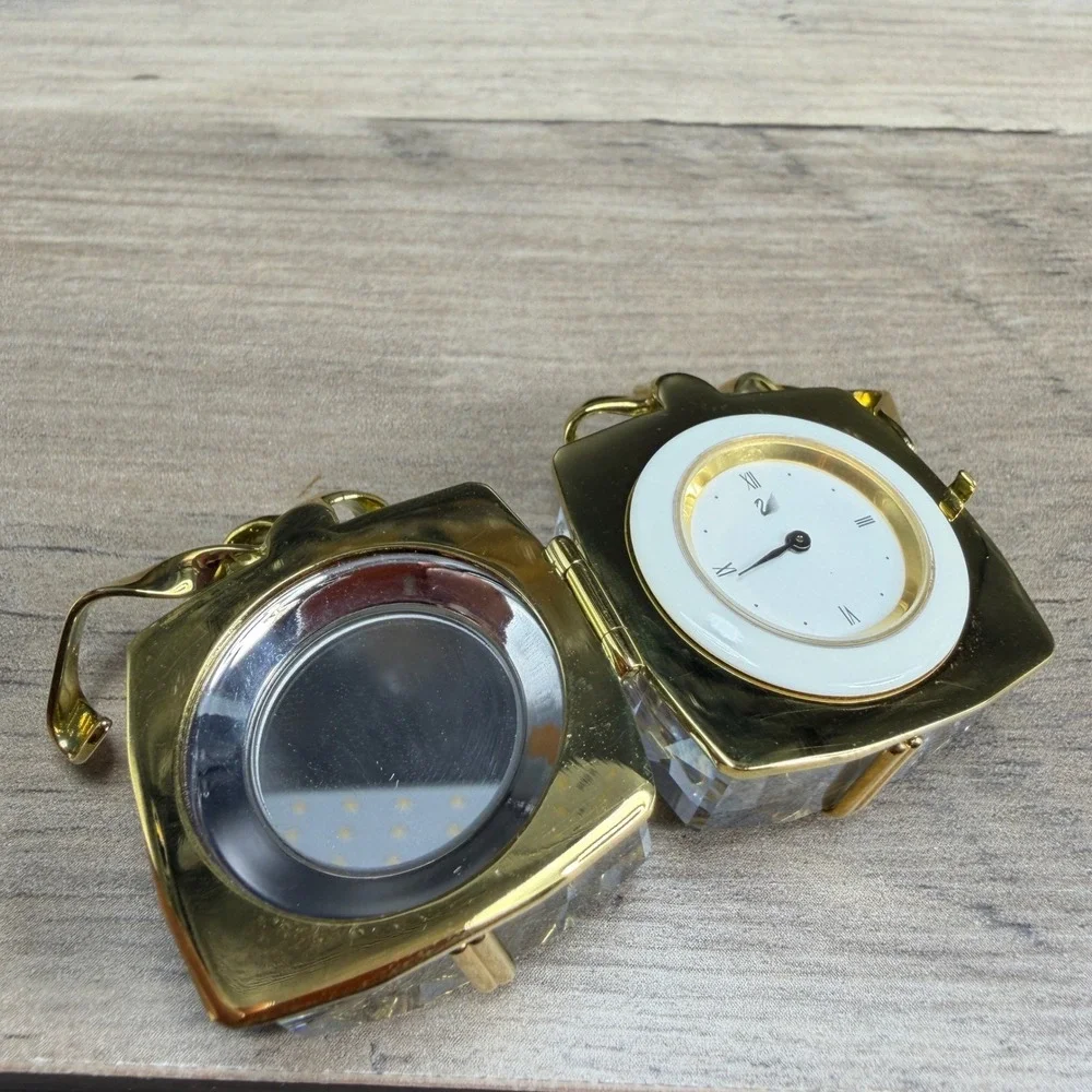 Swarovski Crystal Secrets Gift Box‎ Travel Clock Metal Gold Tone Bow AS IS